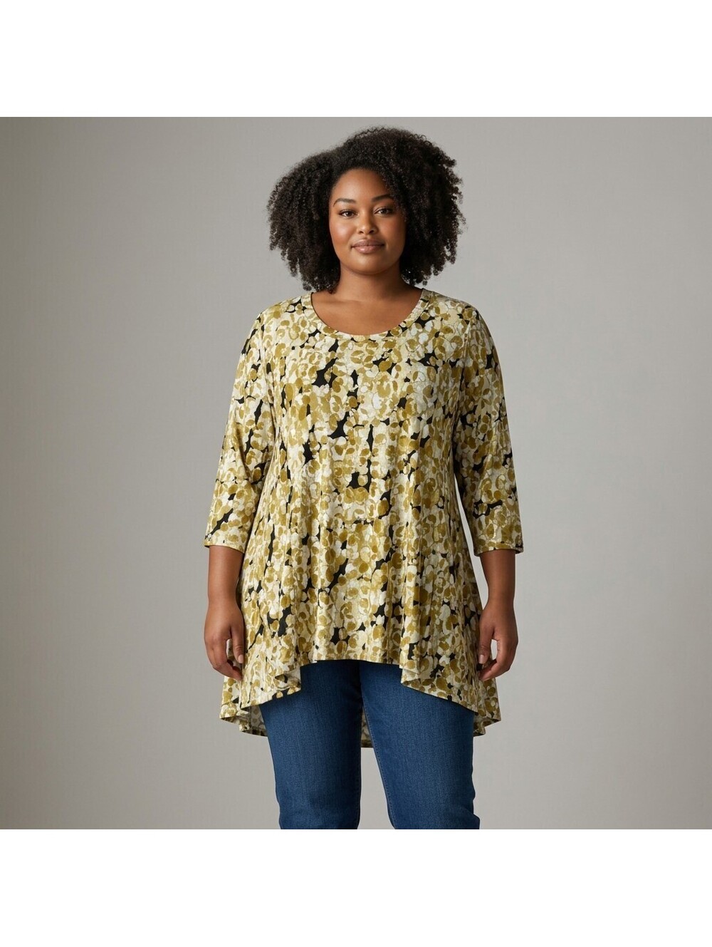 Attitudes Tunic Top Women 2X Plus Green Geometric 3/4 Sleeve Pullover Casual